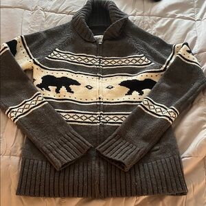 Bluenotes Gray Cream Zip-Up sweater with Bear Motif